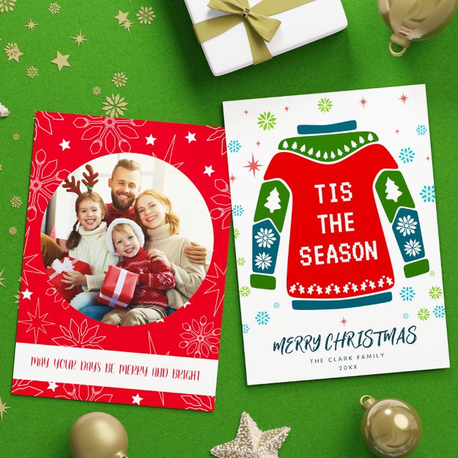 Red Green Photo Family Ugly Sweater Tis the Season Holiday Card (Red Green Photo Family Ugly Sweater Tis the Season Holiday Card)
