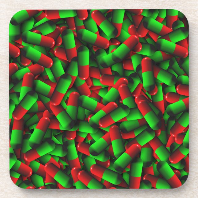 red green pills drugs beverage coaster (Front)