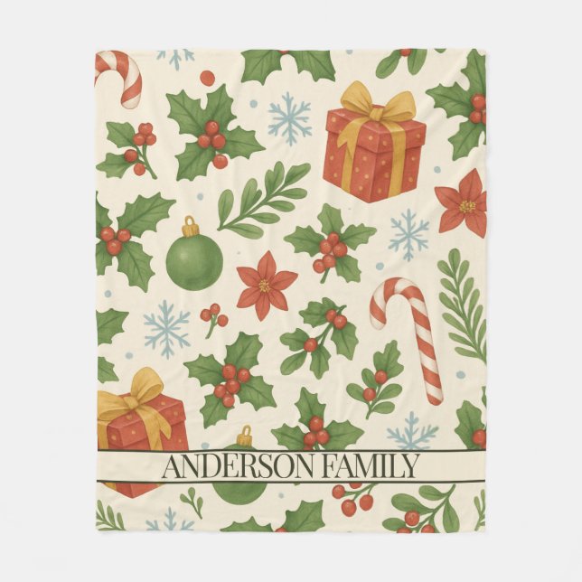 Red Green Pine and Berry Floral Holiday Fleece Blanket (Front)