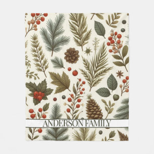Red Green Pine and Berry Watercolor Holiday Fleece Blanket