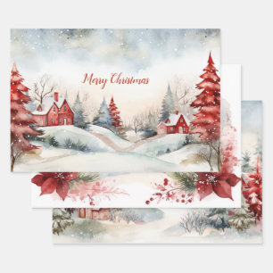 Red Green Pine Trees Christmas Woodlands Wrapping Paper Sheets