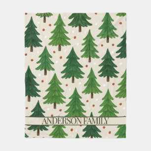 Red Green Pine Trees Watercolor Holiday Fleece Blanket