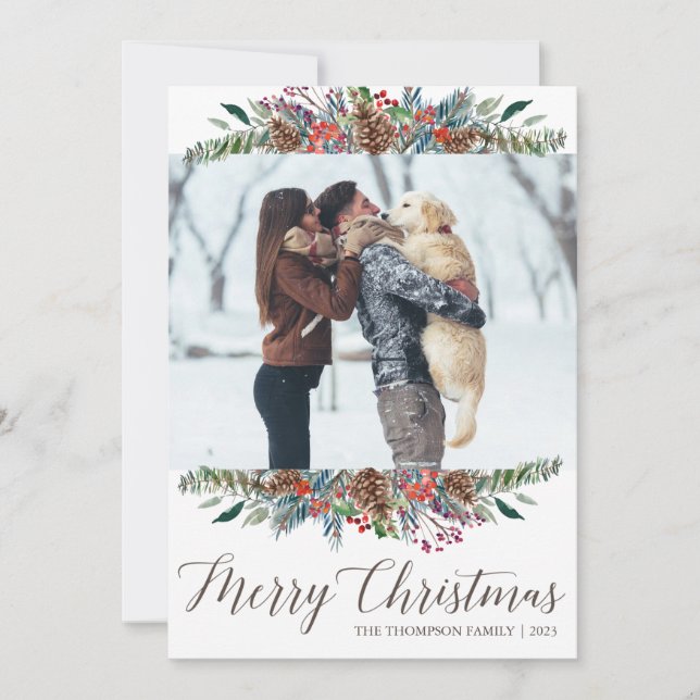 Red Green Pinecone Floral Photo Christmas Cards (Front)