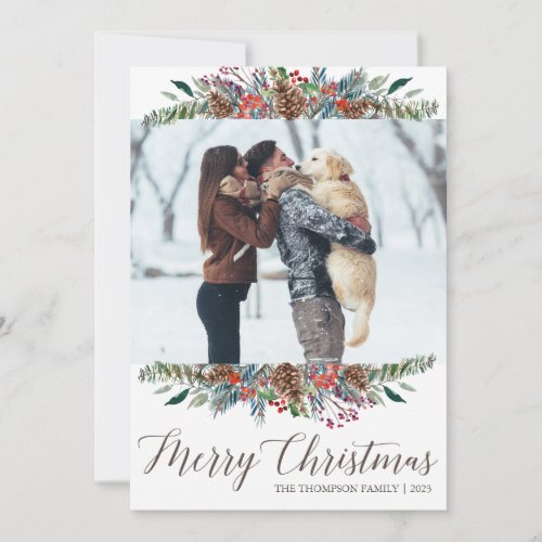 Red Green Pinecone Floral Photo Christmas Cards