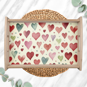 Red Green Pink Boho Watercolor Heart Pattern Serving Tray