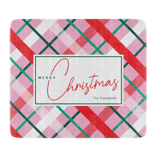 Red Green Pink Christmas Plaid Cutting Board (Front)