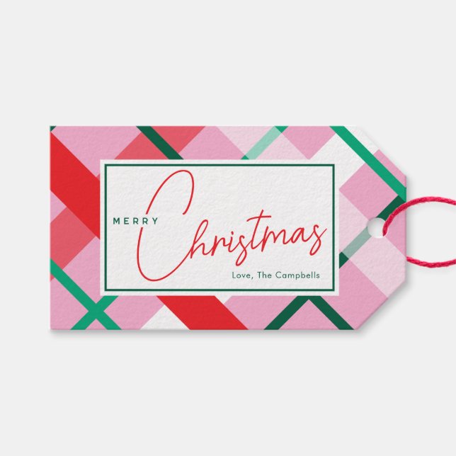 Red Green Pink Christmas Plaid Gift Tag (Front (Horizontal))