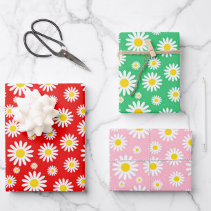 Red, Green & Pink Mixed Summer Daisies Wrapping Paper Sheets