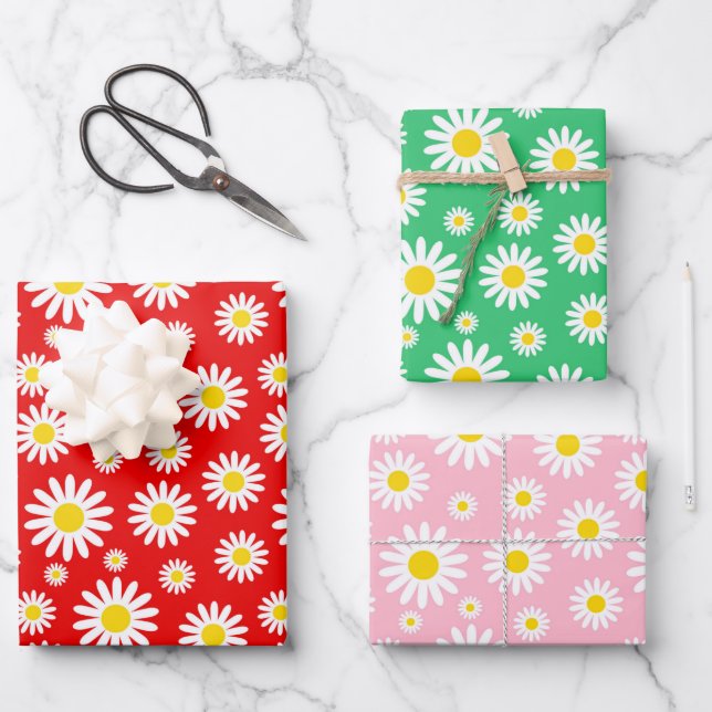 Red, Green & Pink Mixed Summer Daisies Wrapping Paper Sheets (Front)