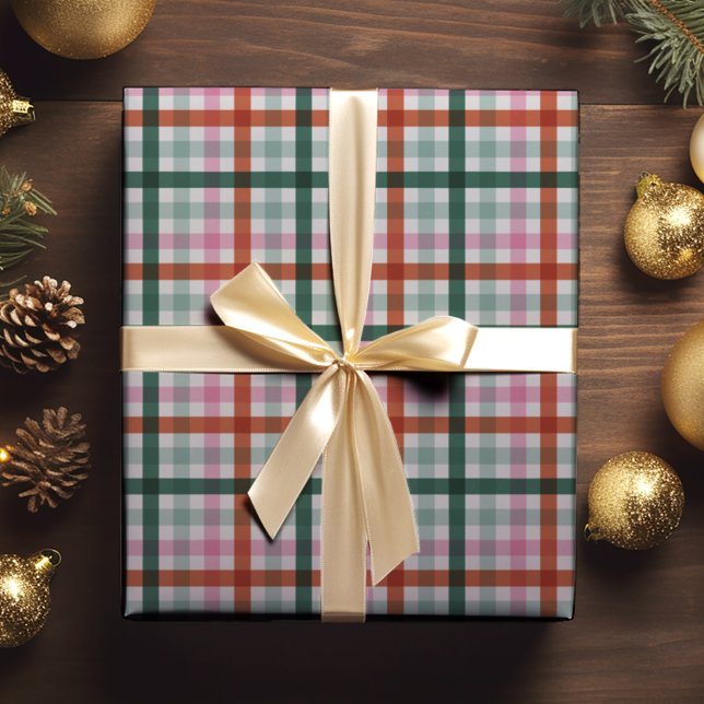 Red Green Pink Modern Plaid Christmas Wrapping Paper (Creator Uploaded)