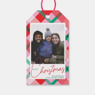 Red Green Pink Plaid Christmas Photo Gift Tags