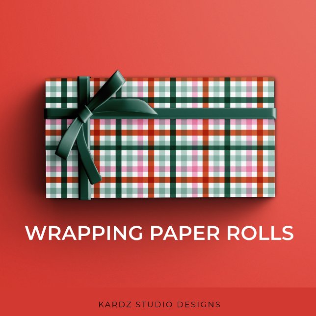 Red Green Pink Plaid Christmas Wrapping Paper (Modern Gingham Christmas gift-wrapping roll, with pink, red, and green a trendy holiday pattern.)