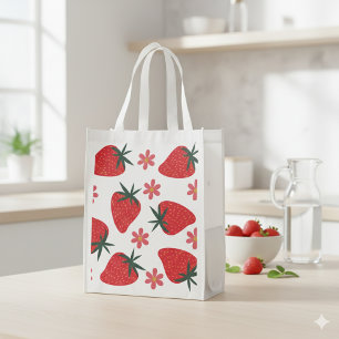 Red Green Pink Simple Strawberries Reusable  Grocery Bag