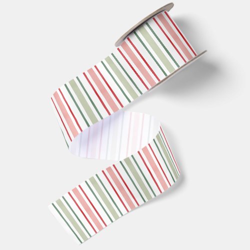 Red Green Pink Watercolor Stripes Christmas Satin Ribbon