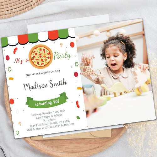 Red Green Pizza Birthday Invitations with photo
