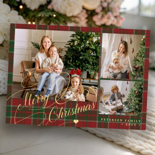 Red green plaid 3 photo collage Merry Christmas Holiday Card