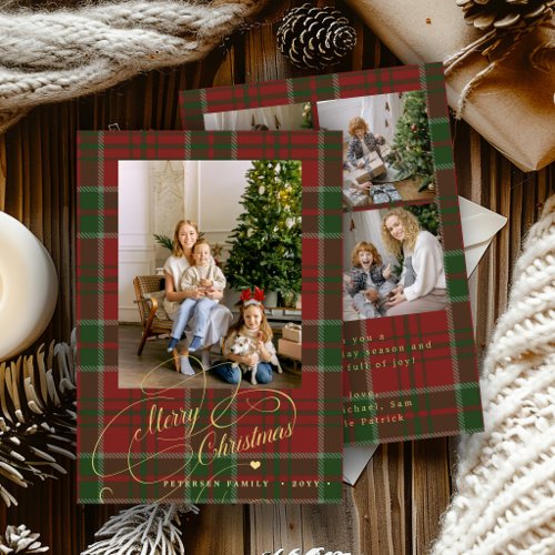 Red green plaid 5 photo collage Merry Christmas Holiday Card