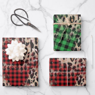 Red & Green Plaid and Cheetah Funky Christmas Wrapping Paper Sheets