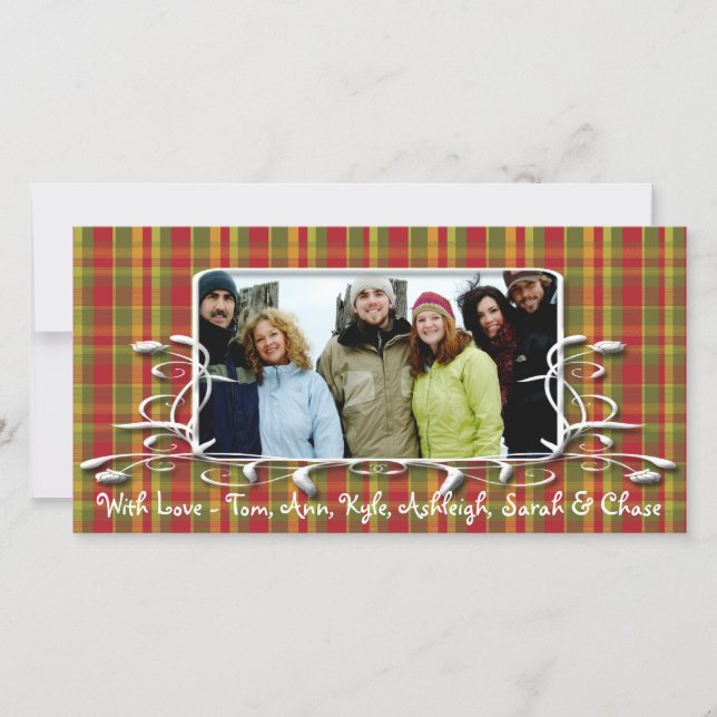 Red Green Plaid Antique Frame Holiday Family Photo Card (Front)