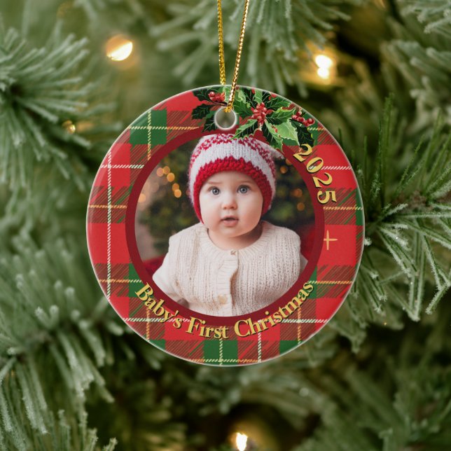 Red Green Plaid | Baby's First Christmas Photo Ceramic Ornament (Tree)