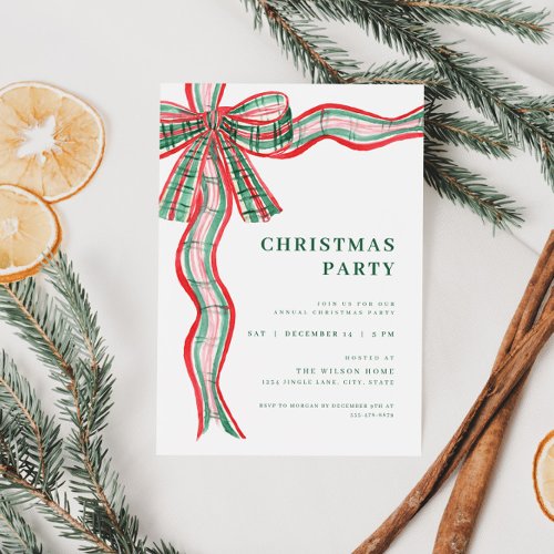 Red Green Plaid Bow Christmas Party Invitation