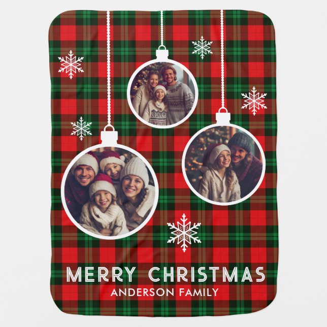 Red Green Plaid Buffalo Check Photo Christmas  Baby Blanket (Front)