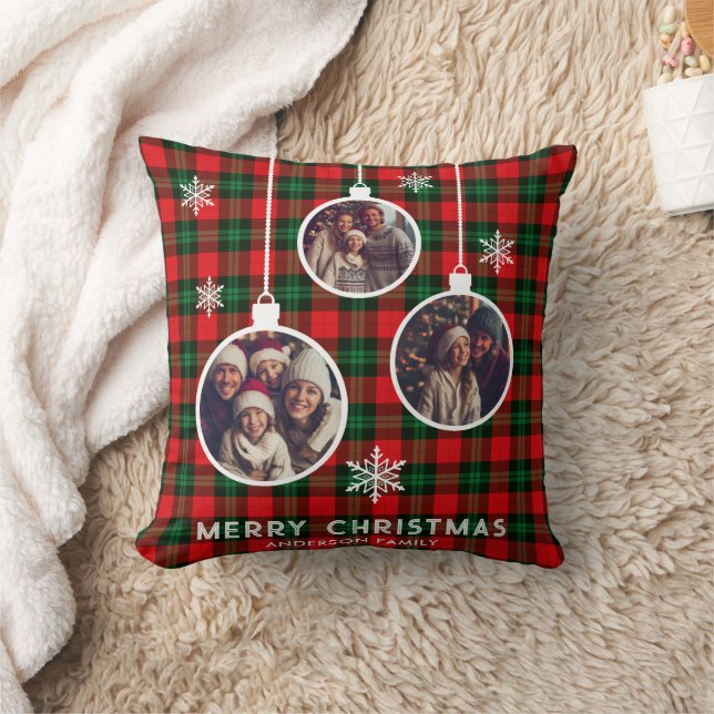Red Green Plaid Buffalo Check Photo Christmas  Throw Pillow (Blanket)