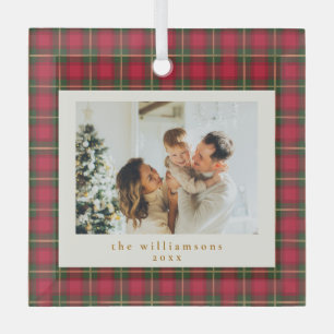 Red Green Plaid Christmas Family Photo Keepsake Glass Ornament