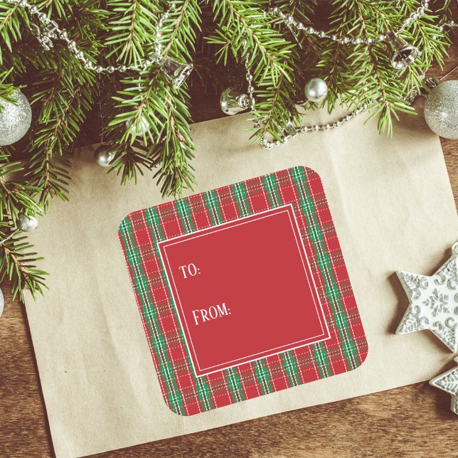 Red Green Plaid Christmas To and From  Square Sticker (Christmas holiday square sticker with red and green plaid pattern. )