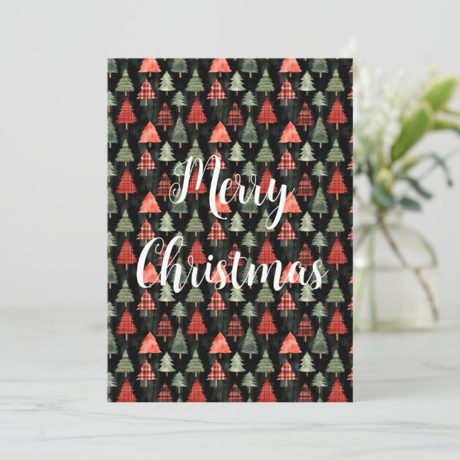 Red, Green Plaid Christmas Trees Flat Holiday Card (Standing Front)