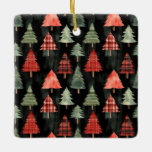 Red &amp; Green Plaid Christmas Trees on Black  Ceramic Ornament