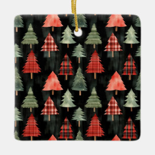 Red & Green Plaid Christmas Trees on Black Ceramic Ornament