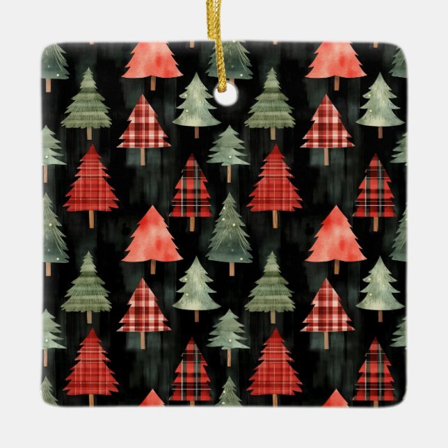 Red & Green Plaid Christmas Trees on Black  Ceramic Ornament (Front)