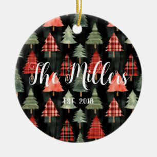Red & Green Plaid Christmas Trees on Black Ceramic Ornament