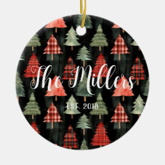 Red & Green Plaid Christmas Trees on Black  Ceramic Ornament