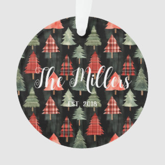 Red & Green Plaid Christmas Trees on Black Ornament