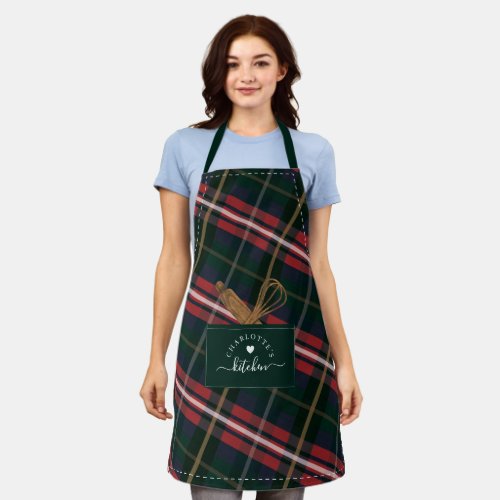 Red Green Plaid Fake Pocket  Wooden Spoon  Whisk Apron