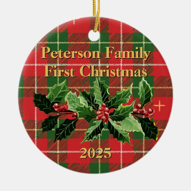 Red Green Plaid | Family First Christmas Photo Ceramic Ornament (Front)