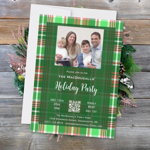 Red Green Plaid Family Photo Holiday Party Invitation