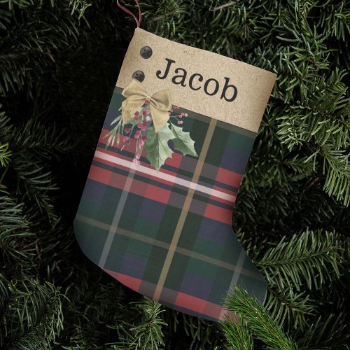 Red Green Plaid Gold Bow  Greenery Custom Name Small Christmas Stocking