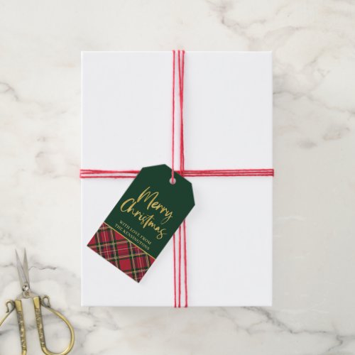 Red Green Plaid Gold Foil Script Merry Christmas Gift Tags