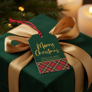 Red Green Plaid Gold Foil Script Merry Christmas Gift Tags
