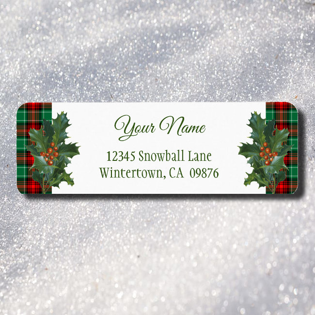 Red Green Plaid Holiday Holly Custom Address Label