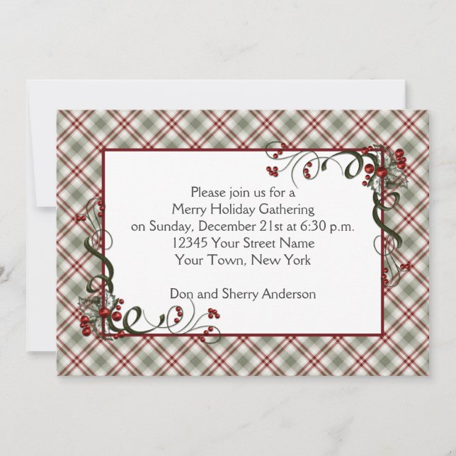 Red Green Plaid Holly Berries Ribbon Invitation (Front)