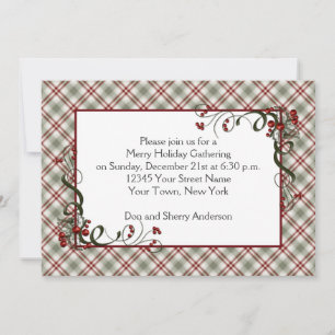 Red Green Plaid Holly Berries Ribbon Invitation