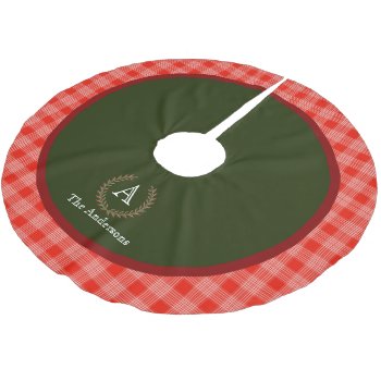 Red Green Plaid Monogram Family Name Brushed Polyester Tree Skirt by MaggieMart at Zazzle