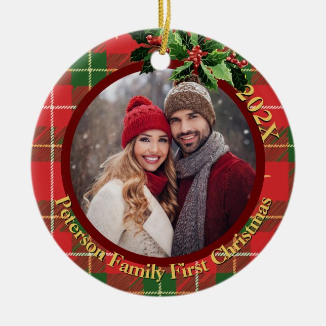 Red Green Plaid | Our First Christmas Photo Ceramic Ornament (Front)