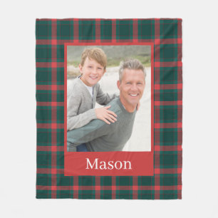Red Green Plaid Pattern Custom Photo Christmas Fleece Blanket