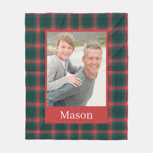 Red Green Plaid Pattern Custom Photo Christmas Fleece Blanket (Front)