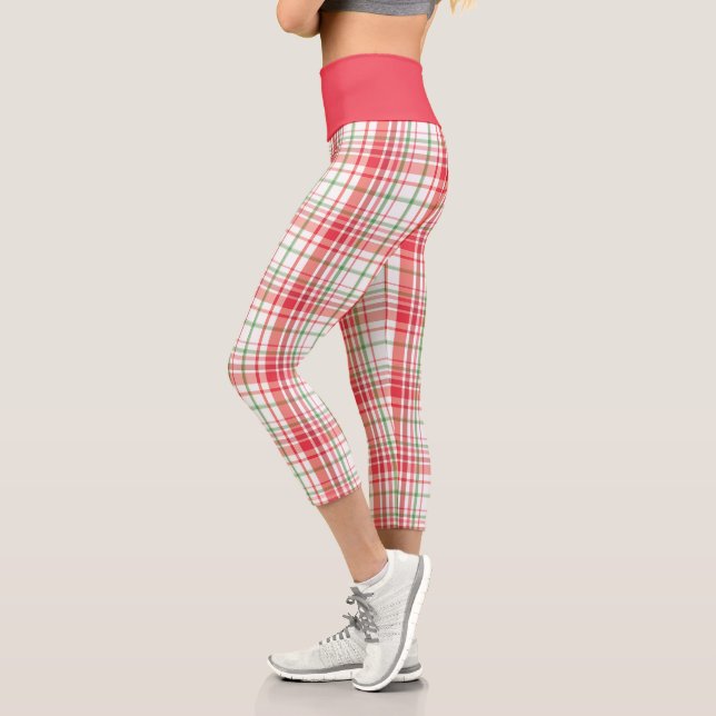 Red Green Plaid Pattern on White Capri Leggings (Left)